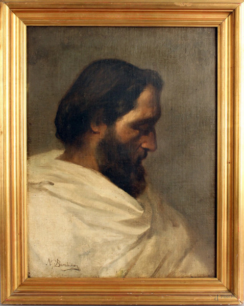 Ritratto d&#39;uomo, olio su tela, cm. 53x40, firmato N. Barabino.
