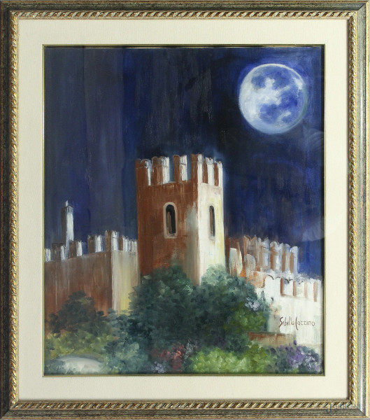 Castello, dipinto ad olio su tela, cm 60 x 70, entro cornice.