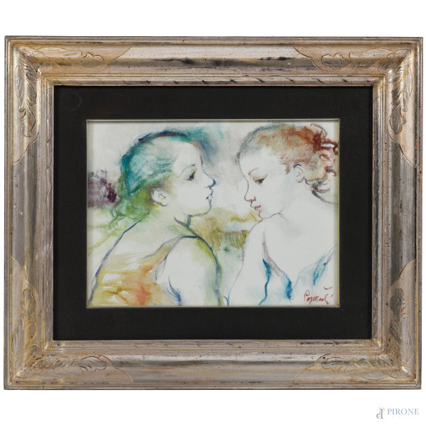 Profili di fanciulle, XX secolo, tecnica mista su tela, cm 30x40 , firmato in basso a destra, entro cornice
