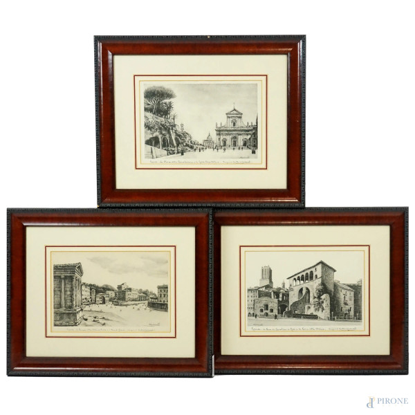 Tre stampe di Antonio Carbonati (1893-1956) raffiguranti monumenti di Roma, cm 22x33, entro cornici