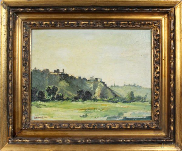 Ugo  Lombardo - Paesaggio, olio su cartone, cm. 24x30, entro cornice.
