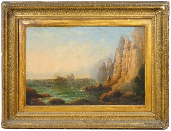 Marina con pescatori, olio su tela, cm 30,5x65, XIX secolo, entro cornice