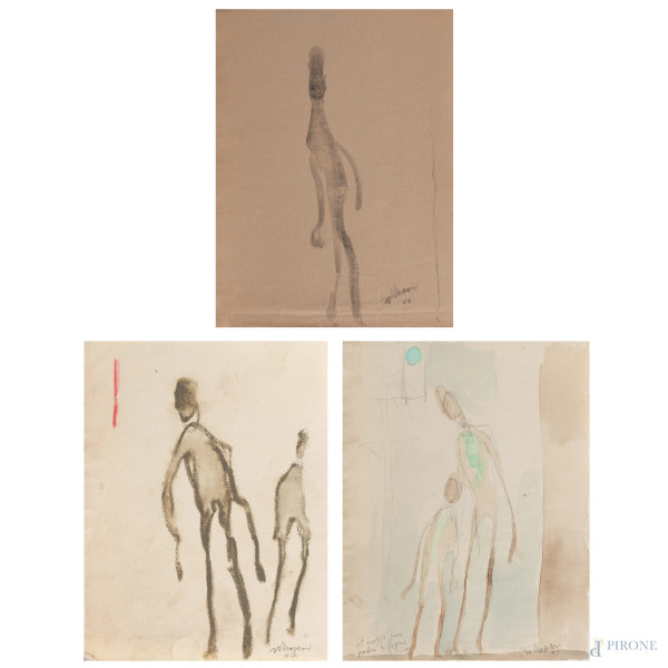 Lotto di tre disegni a tecnica mista su carta, misure massime cm 31,5x24, (segni di usura, tracce di umidità, difetti)