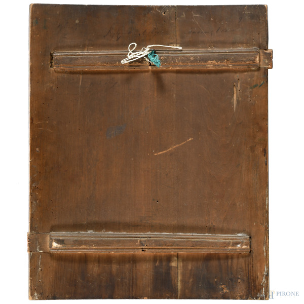 Icona raffigurante Crocifissione, XIX-XX secolo, olio su tela con inserto di croce in bronzo cese...