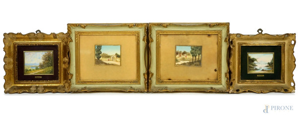 Due coppie di miniature raffiguranti paesaggi, misure max cm 8x10, siglate e  firmate, entro cornici.