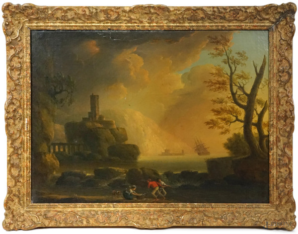 Jean Michel Diébolt (1779-1825) attr.a,  Marina con pescatori,  olio su tela, cm 38x51, entro cornice, (difetti)