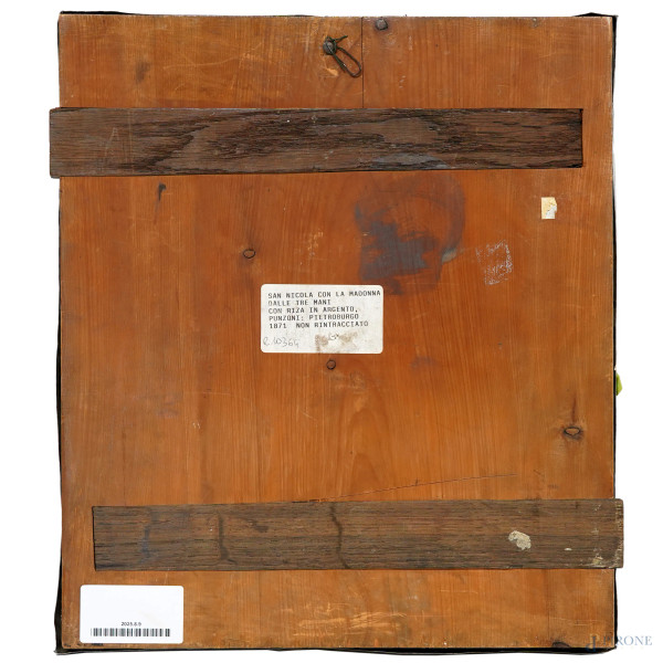 San Nicola in adorazione della Madonna dalle tre mani, XIX secolo, riza in argento, tempera su ta...