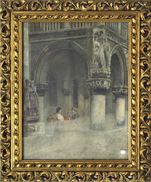 Piazza San Marco con figure, acquarello su carta, XIX sec., cm. 28x22, entro cornice.