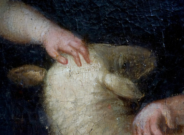 Scuola fiamminga del XVII-XVIII secolo, Riposo durante la fuga in Egitto, olio su tela, cm 110x16...