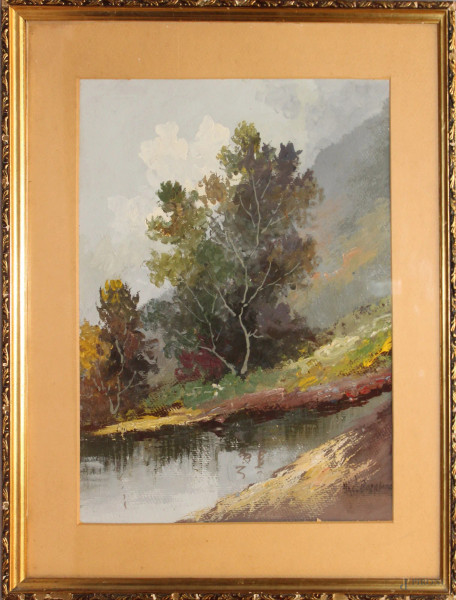 Scorcio di paesaggio con alberi e fiume, olio su cartone, 33x41 cm, firmato, entro cornice.