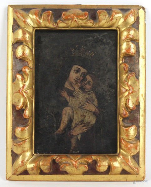 Madonna col Bambino, olio su rame, cm 16,5x13, XVIII-XIX secolo, entro cornice, (piccola caduta di colore)