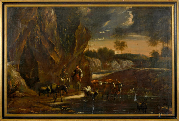 Paesaggio con figure e armenti, olio su tela, XVIII secolo, cm 70x108 entro cornice, (difetti)
