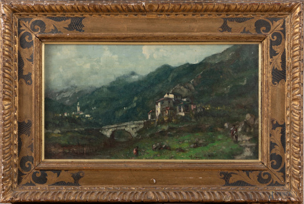 Lorenzo Gignous (1862-1958), Paesaggio montano, olio su cartone telato, cm 24x44, firmato in basso a destra, entro cornice