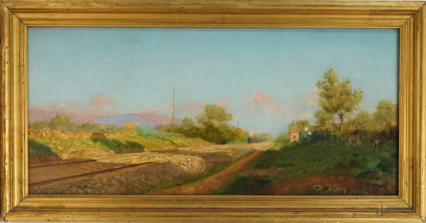 La ferrovia, olio su tela, cm 34x74,5, firmato a tergo A. Tommasi, entro cornice