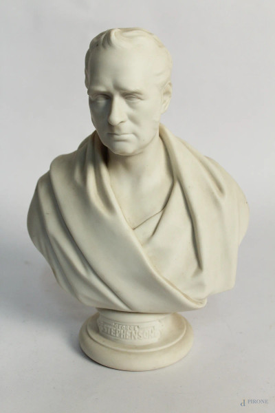 George Stephenson, busto in bisquit firmato sul retro, H 27 cm.