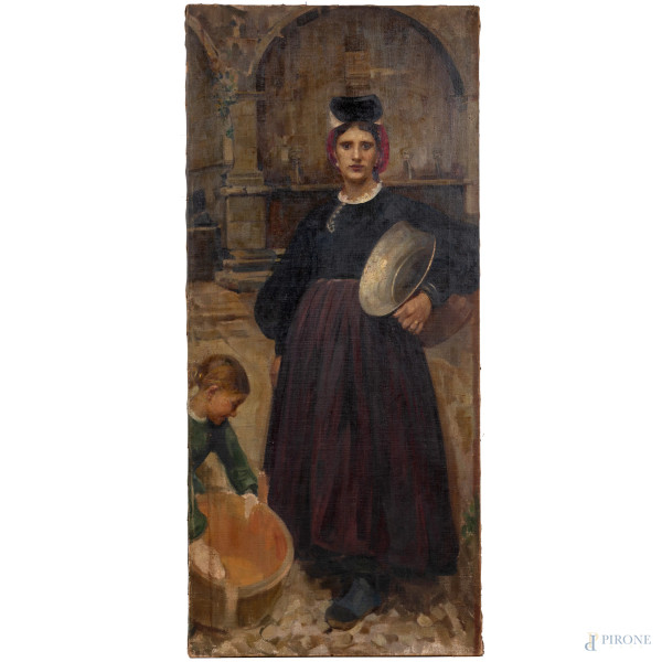 La donna di Scanno, XIX secolo, olio su tela, cm 155,5x70,5, (piccole cadute di colore)