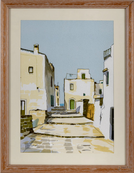Aldo Riso (1929 - 2008), Gallipoli, litografia a colori P.A., cm 48,5x34 entro cornice, firmato in basso
