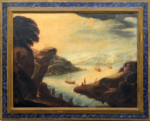 Pittore del XVIII secolo, Paesaggio fluviale con imbarcazioni e figure, olio su tela, cm 66,5x88, entro cornice.