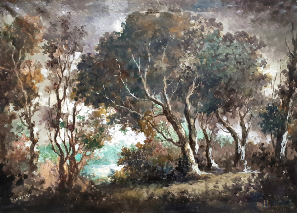 Paesaggio boschivo con alberi, fine anni 30, olio su tela, cm 50x70, firmato in basso a sinistra