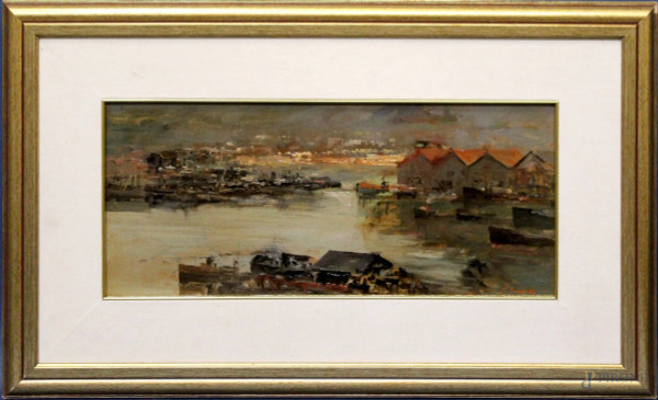 Ezelino Briante - Porto, olio su cartone, cm 49 x 23, entro cornice.
