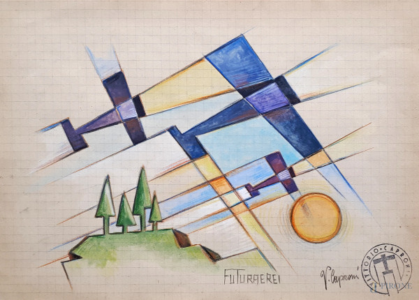 Vittorio Caproni (XX sec.) Aeropittura, tecnica mista su carta a quadretti, cm 15x20, firma timbro e titolo, con cornice