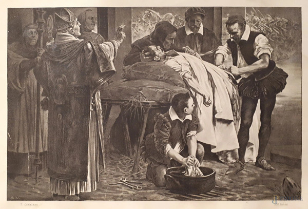 Da Th&#233;obald Chartran (1849-1907), Ambroise Par&#232; pratica la legatura di un’arteria su un archibugiere, stampa cromolitografica a un colore (nero), cm 31x47