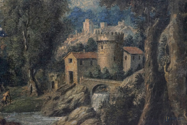 Pittore del XX secolo, Paesaggio fluviale con rovine, olio su tela, cm 52x76, entro cornice (cadu...