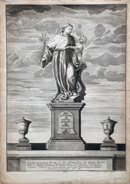 Augustin Neurautter (1685-1749) Antica acquaforte raffigurante S. Antonio da Padova, cm 34x23