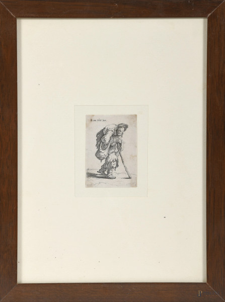 Il viandante, XIX -XX secolo, stampa, cm 9x6,5, entro cornice, (tracce di umidità, restauri, foxing, difetti)