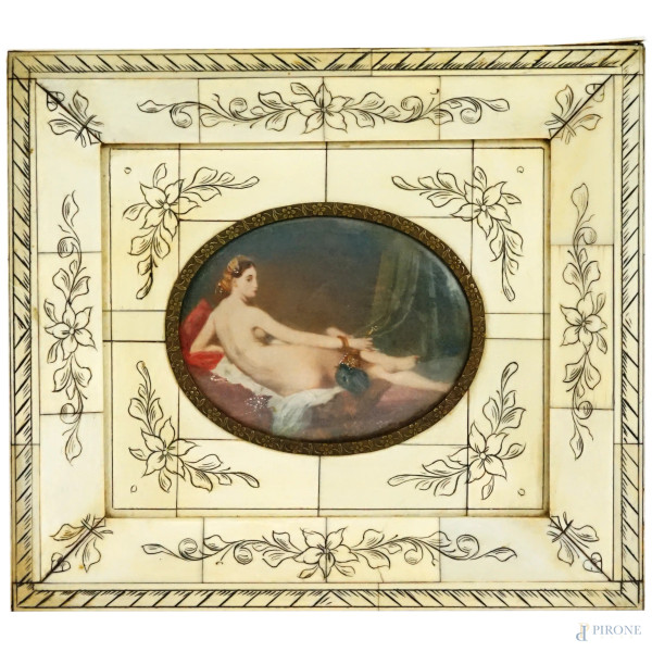 La grande odalisca, da Jean-Auguste-Dominique Ingres, miniatura, prima metà XX secolo, cm 7x9 circa, entro cornice