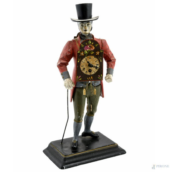 Pendolo antropomorfo in metallo policromo, XX secolo, altezza cm 41, (segni di usura, difetti)