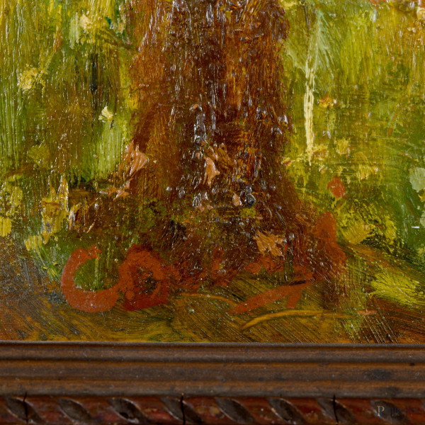 La raccolta del fieno, olio su compensato, XX secolo, firmato in basso a destra, cm 16x22 entro c...