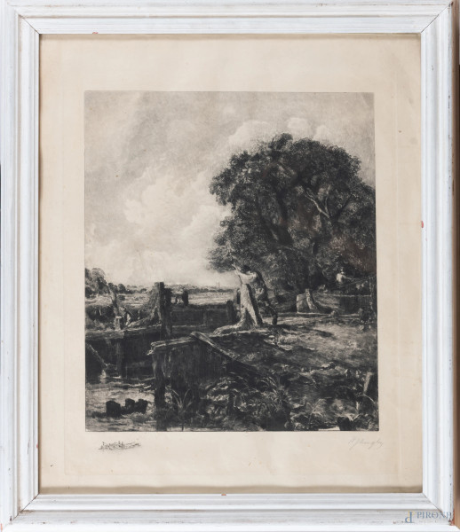 Al lavoro, XX secolo, incisione su carta, cm 59x49, firmato in basso a destra, entro cornice, (ondulazioni della carta, difetti, tracce di umidità)