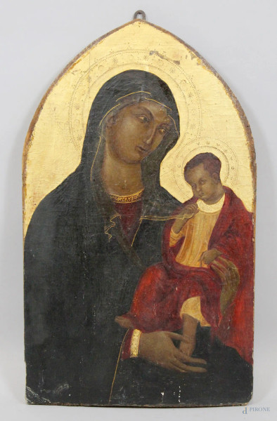 Madonna con Bambino su sfondo oro, olio su tavola, cm. 57x34,5 cm, XIX secolo.