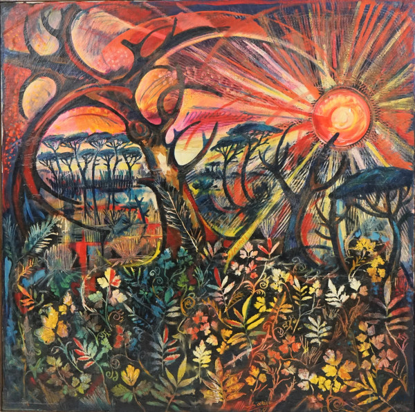 Maremma al tramonto, olio su tela, cm 80x80, firmato a tergo Lucio Parigi, entro cornice.