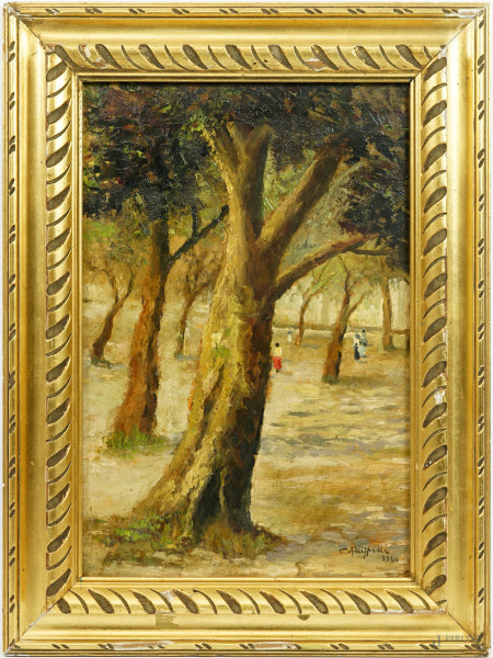 Parco con figure, olio su compensato, firmato e datato, cm 45x30, entro cornice