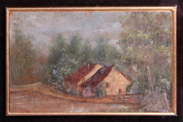 Paesaggio con case, olio su tavola, inizi &#39;900, cm 9 x 14, entro cornice.