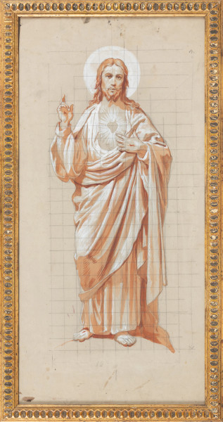 Eugenio Cisterna (1862-1903), Cristo benedicente e angelo con cartiglio, disegno a  tecnica mista su carta, (recto e verso), cm 62x29, firmato in basso a destra, entro cornice, segni di usa, tracce di umidità e piegatura, piccole lacerazioni)