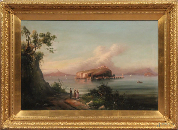 Paesaggio con figure su sfondo mare, olio su tela, cm. 51x75, entro cornice.