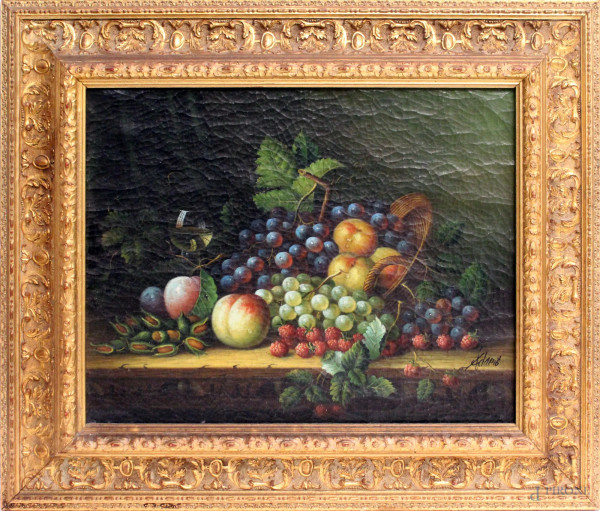 Natura morta, raffigurante frutta, olio su tela, firmato, cm. 40x50, entro cornice.