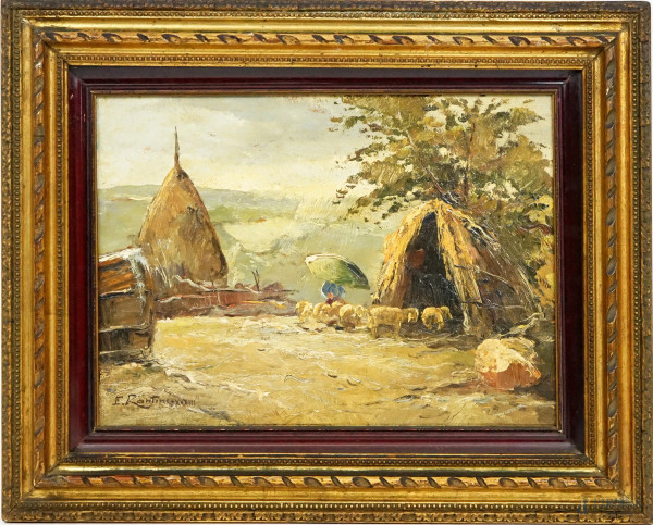 Paesaggio con pastore e gregge, olio su legno, cm 24x33, firmato, entro cornice.