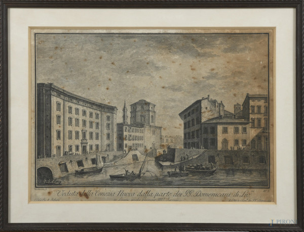 Stampa raffigurante veduta di Venezia, XIX secolo, cm 34x44 compreso passepartout, entro cornice, (Segni di usura, tracce di umidità, foxing, difetti)