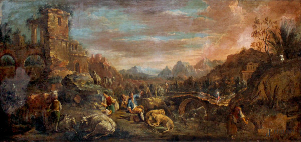 Pittore del XVIII sec.,Paesaggio bucolico con rovine, figure ed armenti, olio su tela, cm 57x147. entro cornice.