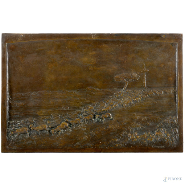 Formella bronzea raffigurante gregge, XIX secolo, cm 34,5x52, firmata in basso a destra