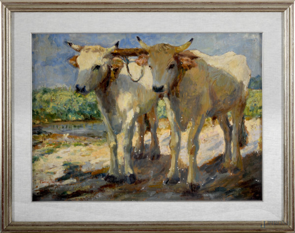 Enrica Bagnati (1884-1968), Il giogo, olio su compensato, firmato in basso a sinistra, cm 50x67, entro cornice, (difetti)