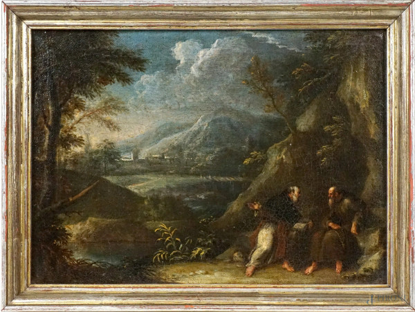 Pittore del XVII secolo, Paesaggio con due frati in conversazione, olio su tela, cm 25x35, firma illegibile in basso a destra, entro cornice.