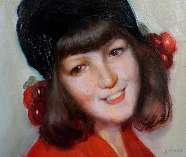 Cappottino rosso (la figlia del pittore), olio su tela, cm 84x62, entro cornice.