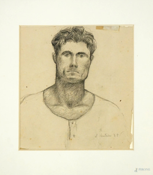 Ritratto d'uomo, matita su carta, firmato A. Venturini, cm 21,5x19
