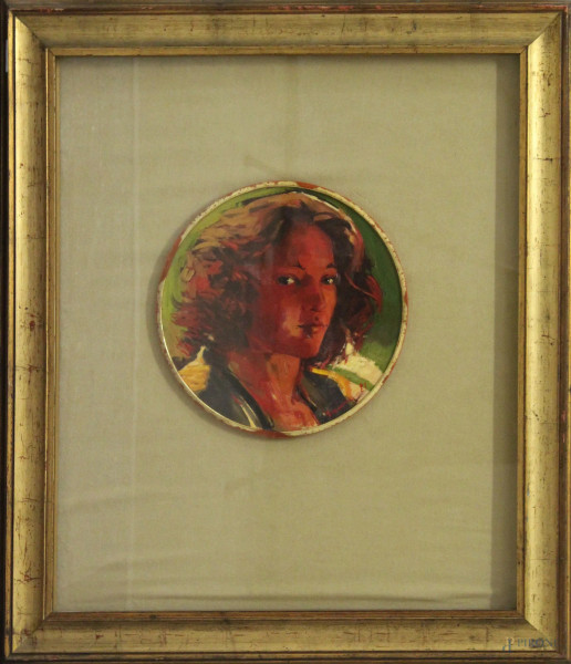 Ritratto di ragazza, olio su tavola ad assetto tondo, diam, 30 cm, firmato Troiano