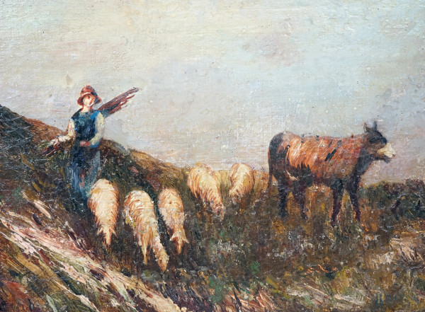 Al pascolo, olio su tela, firmato in basso a destra, cm 26,2x40, entro cornice (difetti)